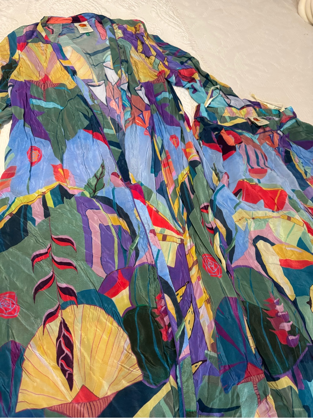 Farm Rio Vibrant Abstract Multicolor Long Wrap Top And Pant Set